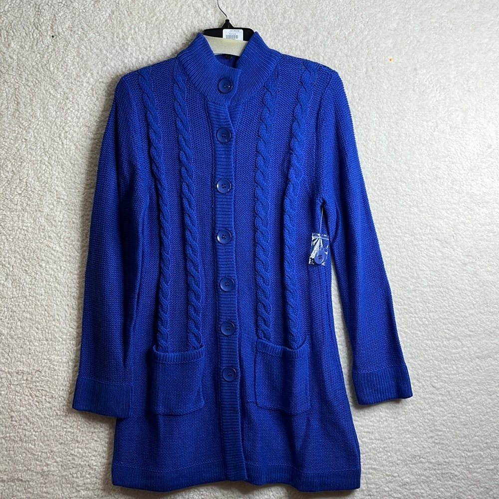 NWT LEA Apparel Womens Blue Cable Knit Button Cardigan Sweater Pockets M MEDIUM